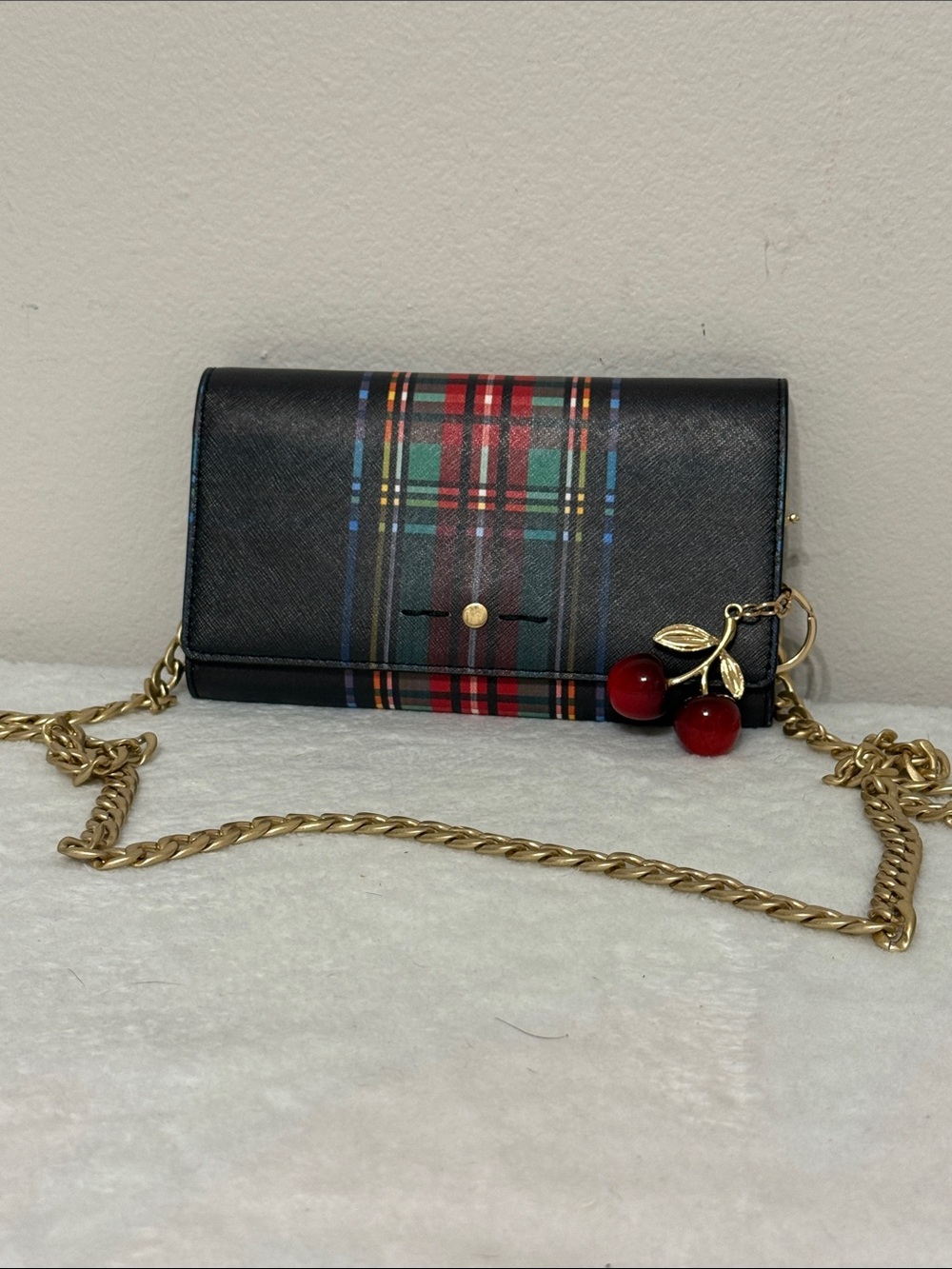 Plaid Black Crossbody Wallet with Cherry Charm